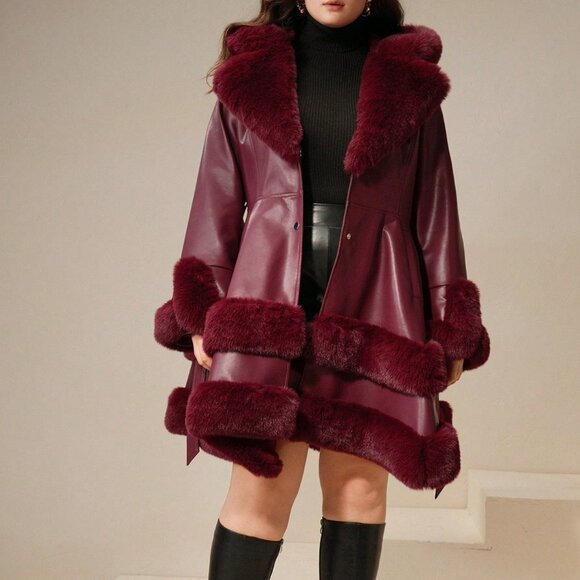 Burgundy Elegant Women's Fluffy Furry Jacket - Picture 4 of 7